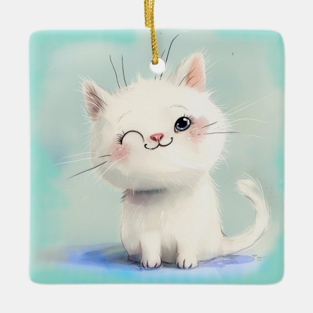 Ornamento De Cerâmica Gatinho Branco Bonito (Frente)