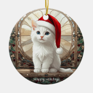 Ornamento De Cerâmica Gatinho Branco com Chapéu de Papai Noel
