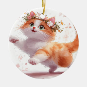 Ornamento De Cerâmica Gatinho Brincalhão com Coroa de Flores de Margarid