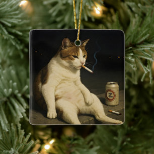 Ornamento De Cerâmica Gatinho de Cigarro Meme Divertido de Gato Fumando