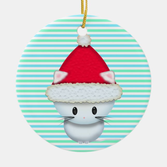 Ornamento De Cerâmica Gatinho de Natal giro em Santa Hat (Frente)