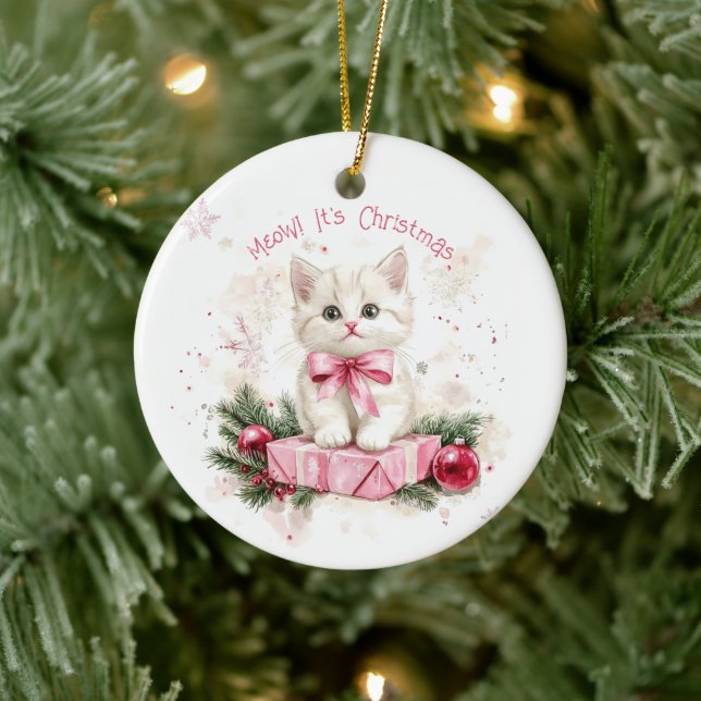 Ornamento De Cerâmica Gatinho de Natal Rosa (Árvore)