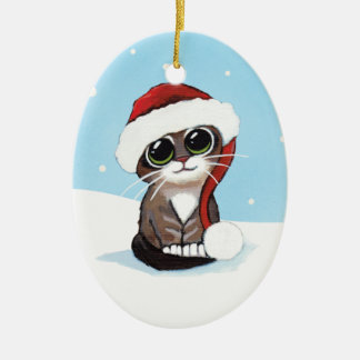 Ornamento De Cerâmica Gatinho do gato malhado do Natal em um chapéu do