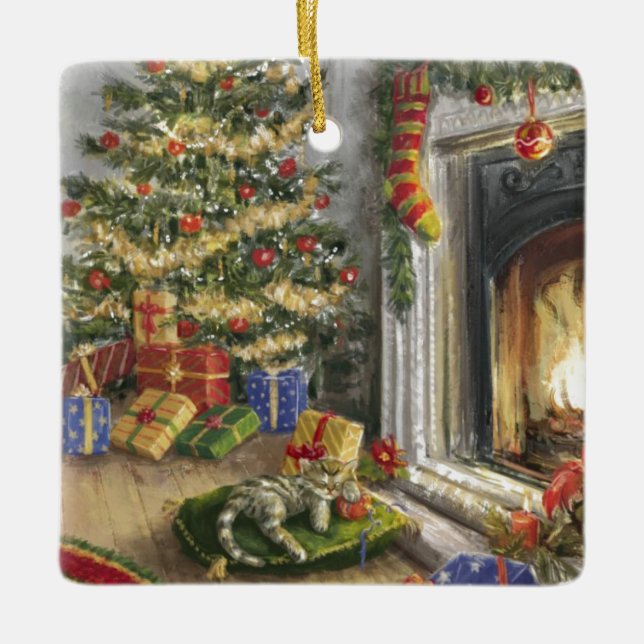 Ornamento De Cerâmica Gatinho Dormindo Pela Árvore De Natal (Frente)