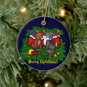 Ornamento De Cerâmica Gatinho e puppy, XMas feliz