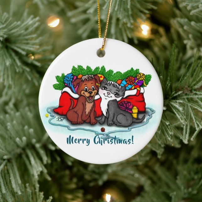 Ornamento De Cerâmica Gatinho e puppy, XMas feliz (Árvore)