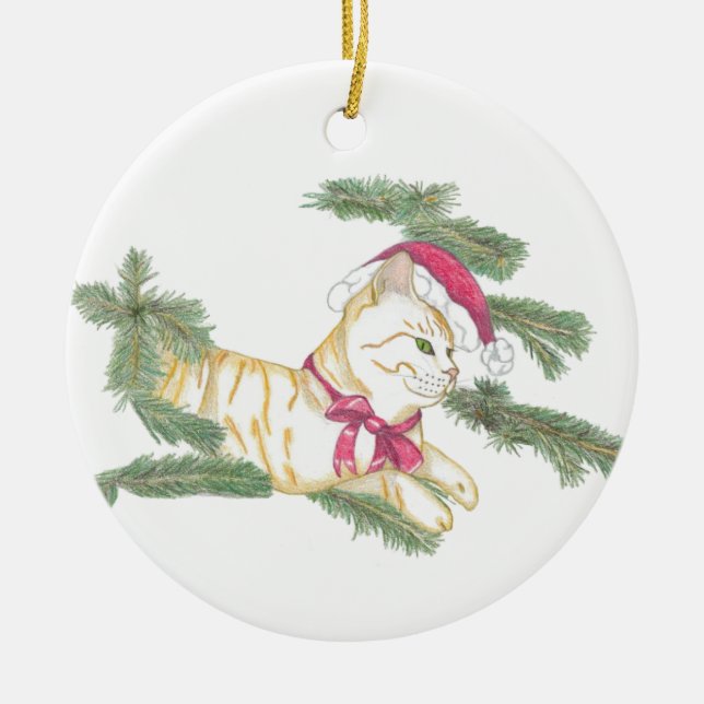 Ornamento De Cerâmica Gatinho esperando pelo Papai Noel (Frente)