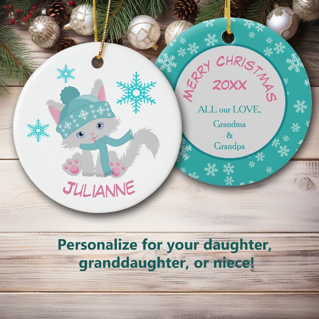 Ornamento De Cerâmica Gatinho Floco de Neve de Teal Bonito (Criador carregado)