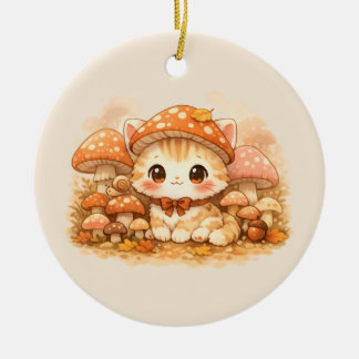 Ornamento De Cerâmica Gatinho Floresta de Cogumelos Kawaii  Gato Fofo e 