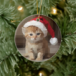 Ornamento De Cerâmica Gatinho fofo com chapéu do papai Noel.