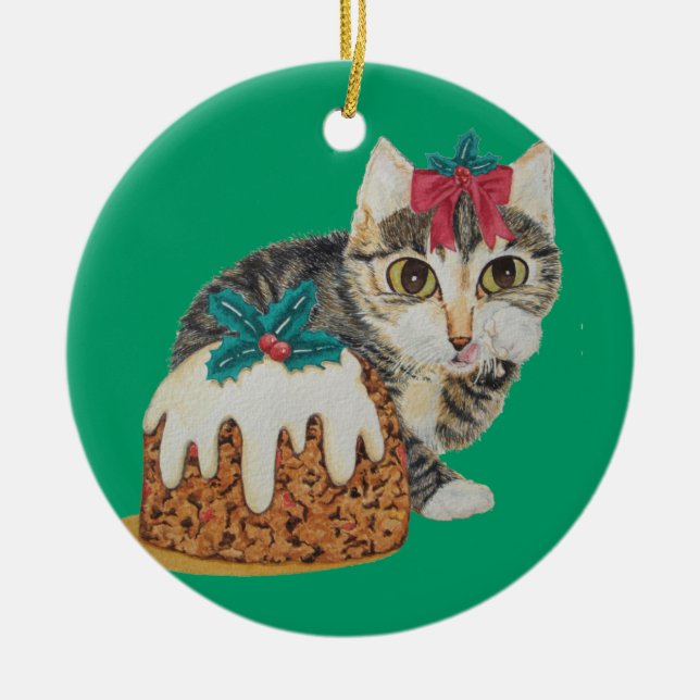 Ornamento De Cerâmica gatinho fofo comendo pudim no natal (Frente)