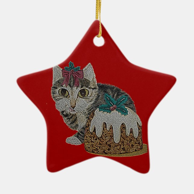 Ornamento De Cerâmica gatinho fofo comendo pudim no natal (Verso)