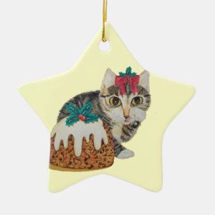 Ornamento De Cerâmica gatinho fofo comendo pudim no natal