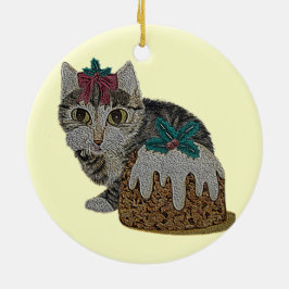 Ornamento De Cerâmica gatinho fofo comendo pudim no natal