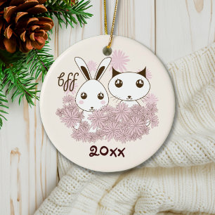 Ornamento De Cerâmica Gatinho Fofo e Coelhinhos Animais Melhores Amigos