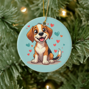 Ornamento De Cerâmica Gatinho Kawaii Bonito com Corações e Arte Canina B