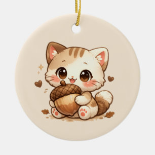Ornamento De Cerâmica Gatinho Kawaii de Outono com Bolota – Gato Fofo e