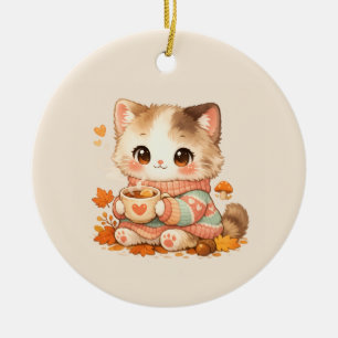 Ornamento De Cerâmica Gatinho Kawaii de Suéter de Outono – Gato de Chá d