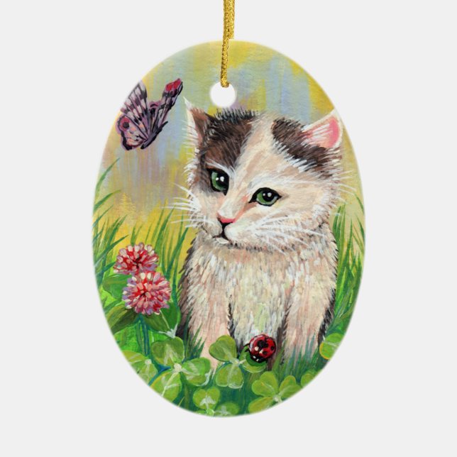 Ornamento De Cerâmica Gatinho no Patch CLover (Frente)