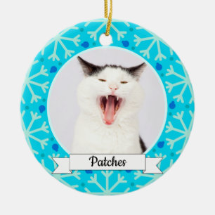 Ornamento De Cerâmica Gatinho Personalizável de Quadro de Neve Azul