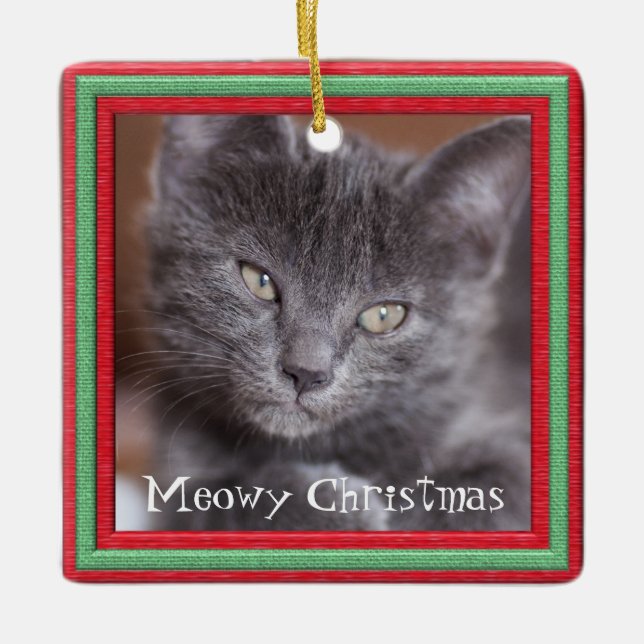 Ornamento De Cerâmica Gatinho personalizável do Quadro de Natal (Frente)