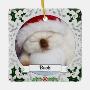 Ornamento De Cerâmica Gatinho personalizável Holly Frame