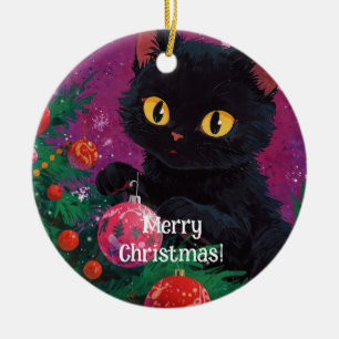 Ornamento De Cerâmica Gatinho Preto e Árvore de Natal
