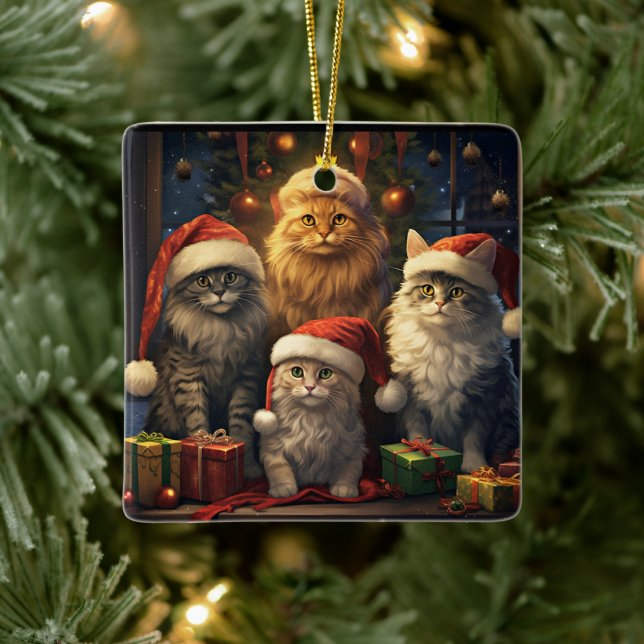 Ornamento De Cerâmica Gatinho Quarteto celebrando o Natal (Árvore)