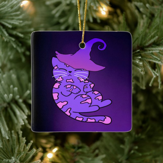 Ornamento De Cerâmica Gatinho roxo e bonito com chapéu de bruxa (Árvore)