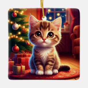 Ornamento De Cerâmica Gatinho Sentado ao Lado da Árvore de Natal Ilumina