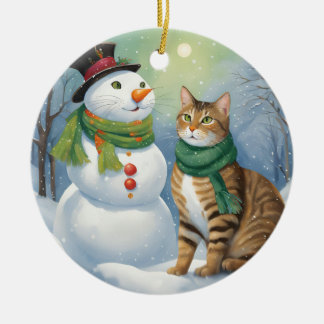 Ornamento De Cerâmica Gatinho Snowman e Ornament