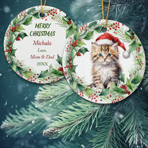 Ornamento De Cerâmica Gatinho Tigre de Chapéu de Papai Noel Natal Crianç