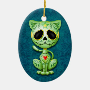 Ornamento De Cerâmica Gatinho verde do açúcar do zombi no azul