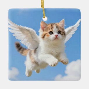 Ornamento De Cerâmica Gatinho Voador Fofo Calico Tabby Céu Azul
