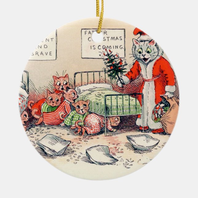Ornamento De Cerâmica Gatinhos e Papais noeis Gato, Louis Wain (Frente)