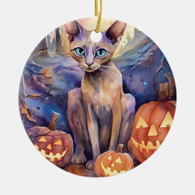Ornamento De Cerâmica Gato Abissino Do Halloween Com Pumpkins Assustado (Frente)