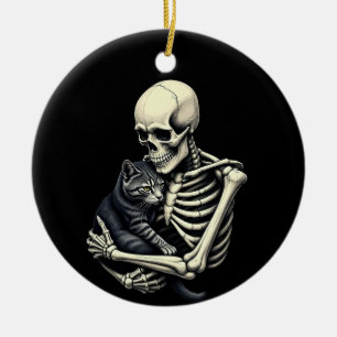 Ornamento De Cerâmica Gato Abraçando Esqueleto Feliz Dia das Bruxas Aman