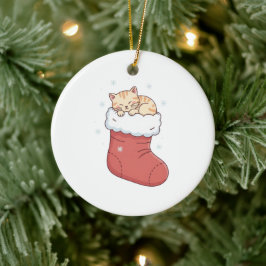 Ornamento De Cerâmica Gato Aconchegante na Meia de Natal - Gatinho Dormi