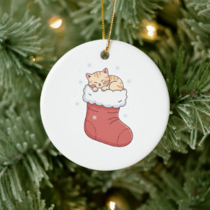 Ornamento De Cerâmica Gato Aconchegante na Meia de Natal - Gatinho Dormi
