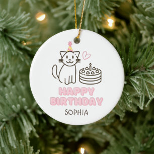 Ornamento De Cerâmica Gato Adorável num Chapéu de Aniversário