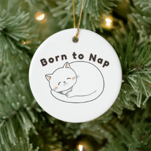 Ornamento De Cerâmica Gato Adormecido Fofo Desenho “Nascido para Dormir”