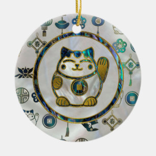 Ornamento De Cerâmica Gato afortunado de Maneki Neko na pérola e no olm