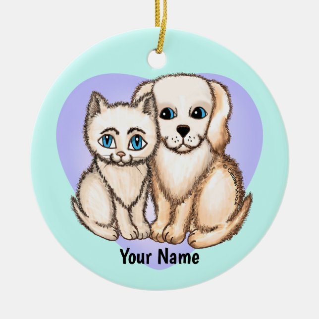 Ornamento De Cerâmica Gato Ama Cachorro  (Frente)
