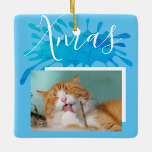 Ornamento De Cerâmica Gato Animal de Estimação Azul Xmas Rótulo de Natal