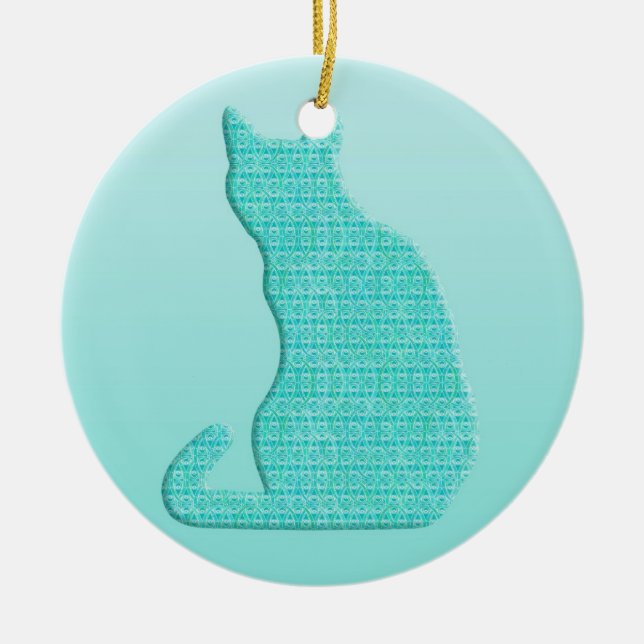 Ornamento De Cerâmica Gato Arabesco - tons de turquesa (Frente)