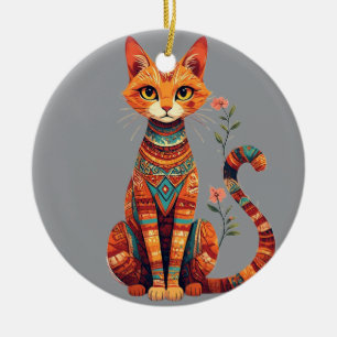 Ornamento De Cerâmica Gato Artístico Fofo com Ramo Floral