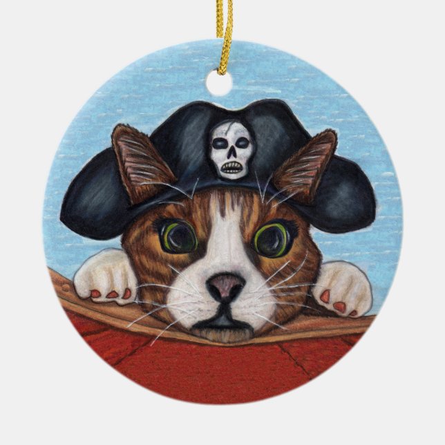 Ornamento De Cerâmica Gato Assustado no Barco Vermelho Pirata Preto (Frente)