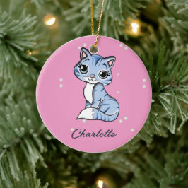 Ornamento De Cerâmica Gato azul bonito com nome personalizado rosa