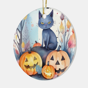 Ornamento De Cerâmica Gato Azul Oriental de Halloween com Abóboras Assus