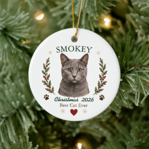 Ornamento De Cerâmica Gato Azul Russo de Natal Personalizado